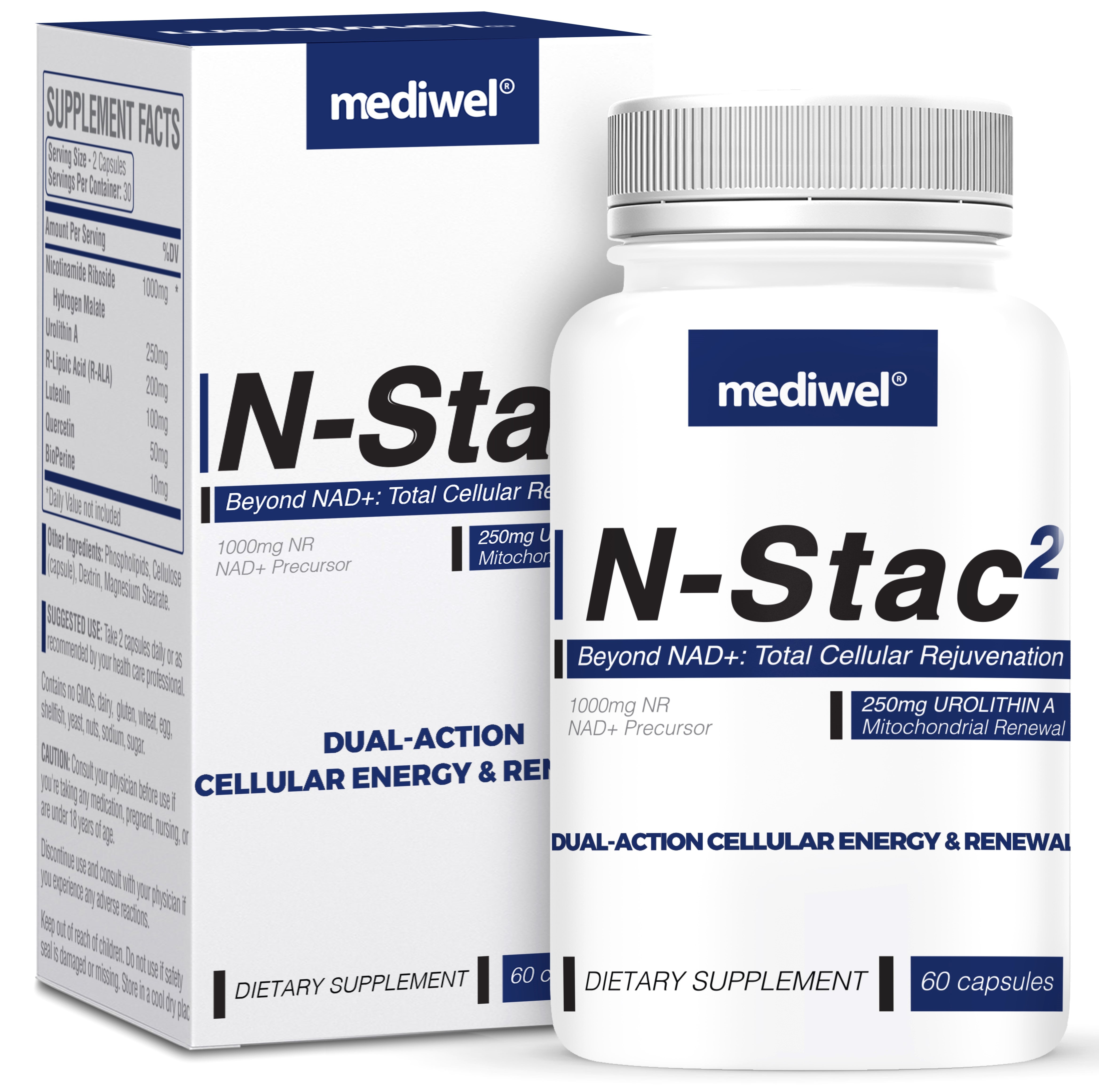 N-Stac2 Dual Action NAD Support: 1000mg Nicotinamide Riboside & Urolithin A for Mitochondrial Support